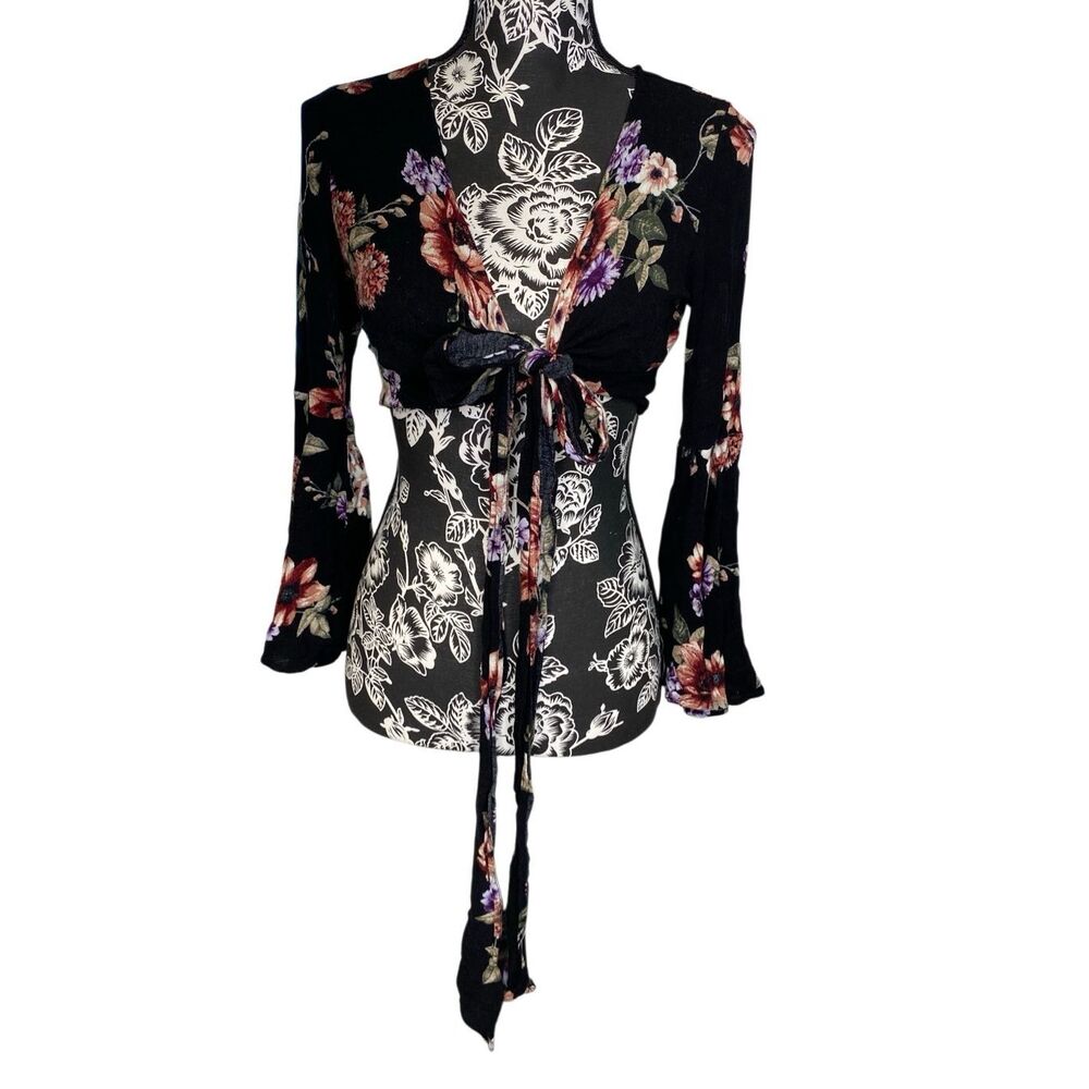Illa Illa Floral Tie Front Bell Sleeve Crop Top Black Boho Coquette Cottage